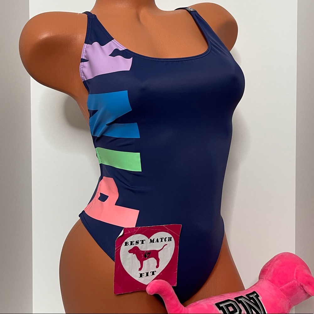 Victoria’s Secret PINK S M Logo One-piece Swimsuit Colorful Tropical Low Back